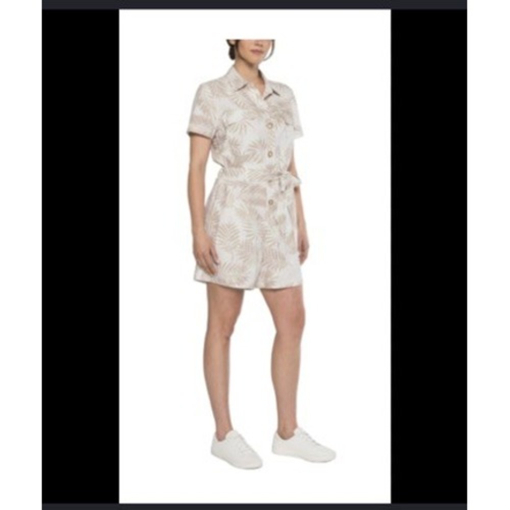 Matty M Women Natural Palm Print Linen Blend Button Front Romper NWT Size M